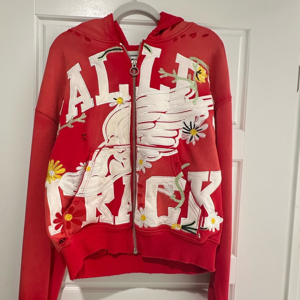 Red Embroidered Zip-Front Hoodie Sweater - Women